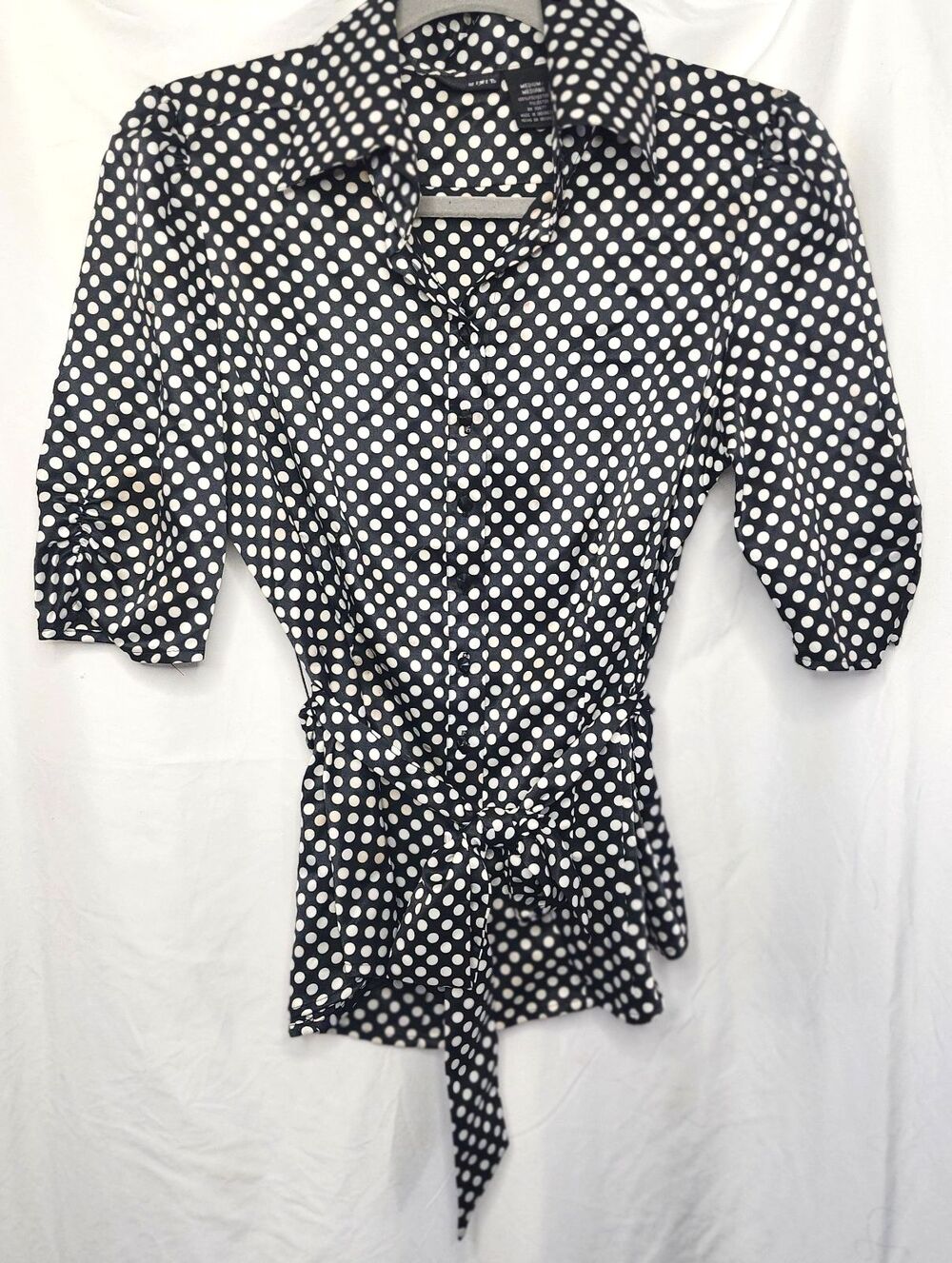 MixIt Polka Dot Satin Blouse M Black White Puff Sleeve Belted Collared Button Up